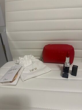 Dior Red Leather Cosmetic Pouch with Red Lipstick TRAVEL SIZE LIPSTICK